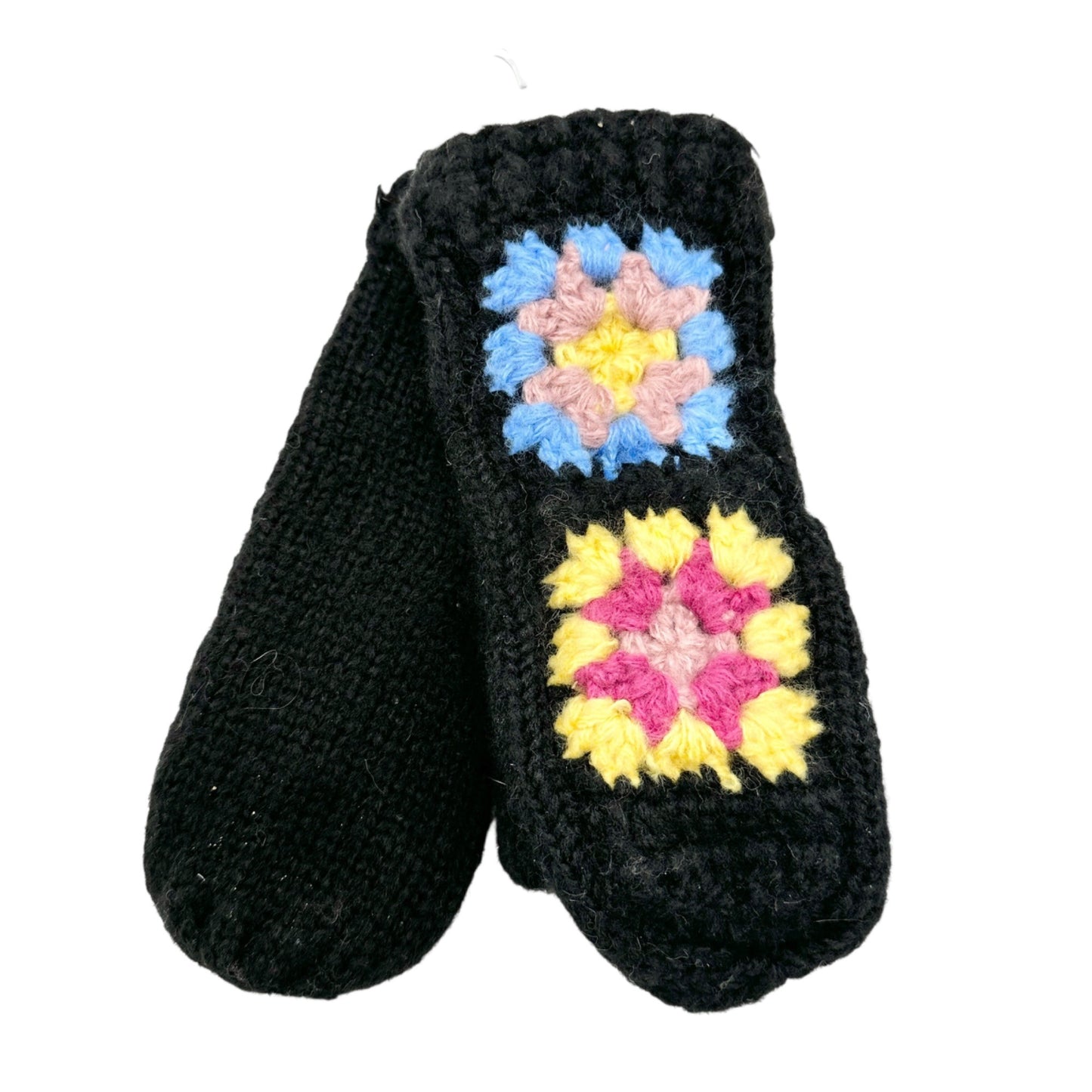 Wild Fable Knit Fleece-Lined Mittens Black Colorful Crochet Design One Size