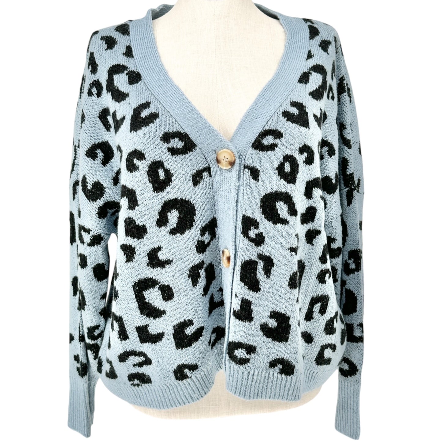Cardigan Sweater Womens 2X Blue Black Leopard Print Acrylic by C&C California