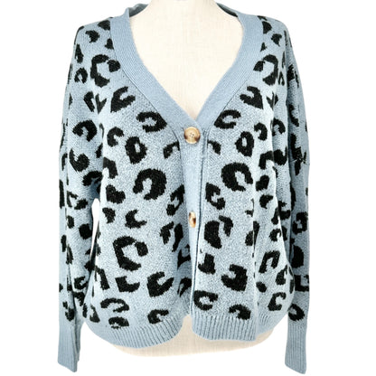 Cardigan Sweater Womens 2X Blue Black Leopard Print Acrylic by C&C California