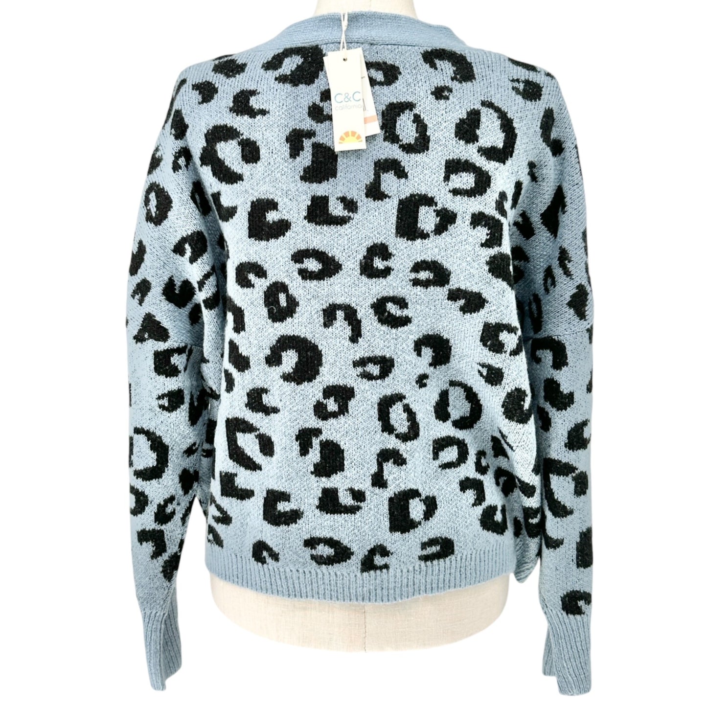 Cardigan Sweater Womens 2X Blue Black Leopard Print Acrylic by C&C California