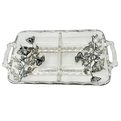 Vintage Glass Divided Serving Tray With Black Floral Design and Handles 9 x 5 in