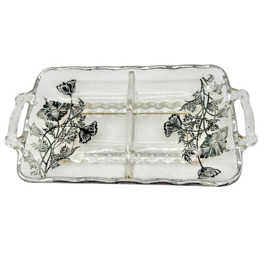 Vintage Glass Divided Serving Tray With Black Floral Design and Handles 9 x 5 in