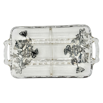Vintage Glass Divided Serving Tray With Black Floral Design and Handles 9 x 5 in
