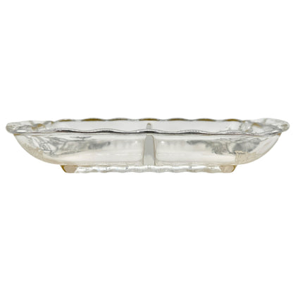 Vintage Glass Divided Serving Tray With Black Floral Design and Handles 9 x 5 in