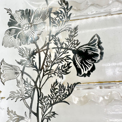 Vintage Glass Divided Serving Tray With Black Floral Design and Handles 9 x 5 in
