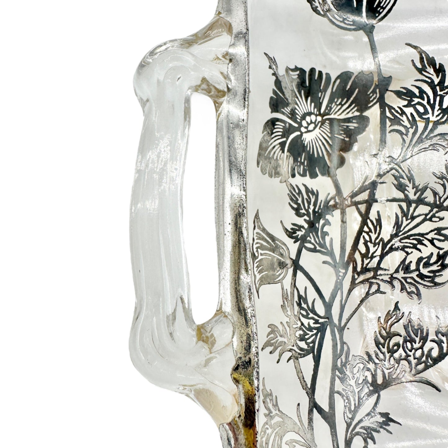 Vintage Glass Divided Serving Tray With Black Floral Design and Handles 9 x 5 in