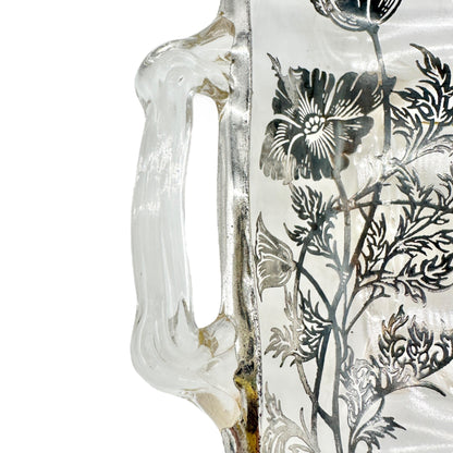 Vintage Glass Divided Serving Tray With Black Floral Design and Handles 9 x 5 in