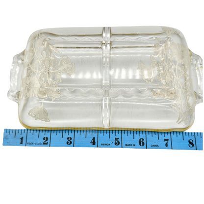 Vintage Glass Divided Serving Tray With Black Floral Design and Handles 9 x 5 in