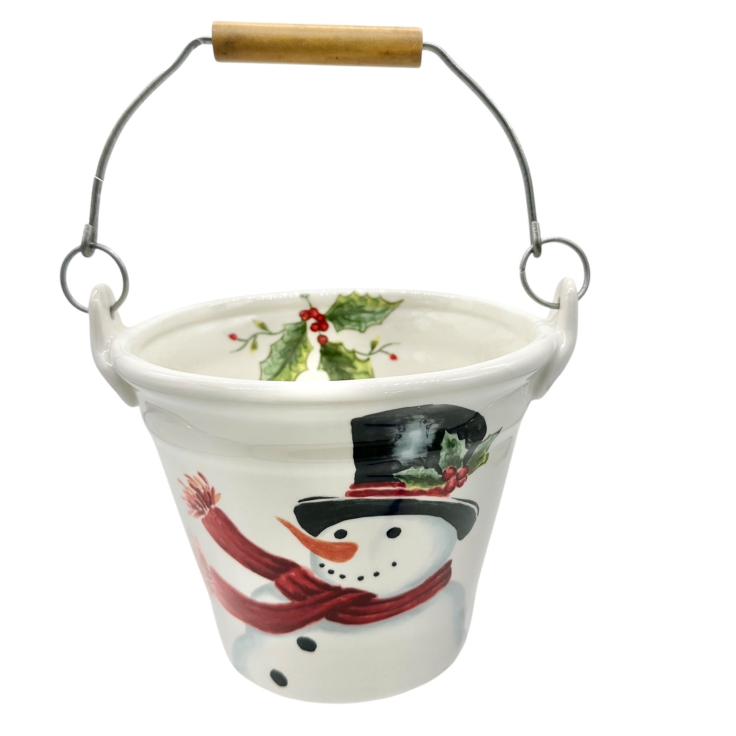 Maxcera Ceramic Snowman Bucket With Handle Holiday Decor 6 inch Tall