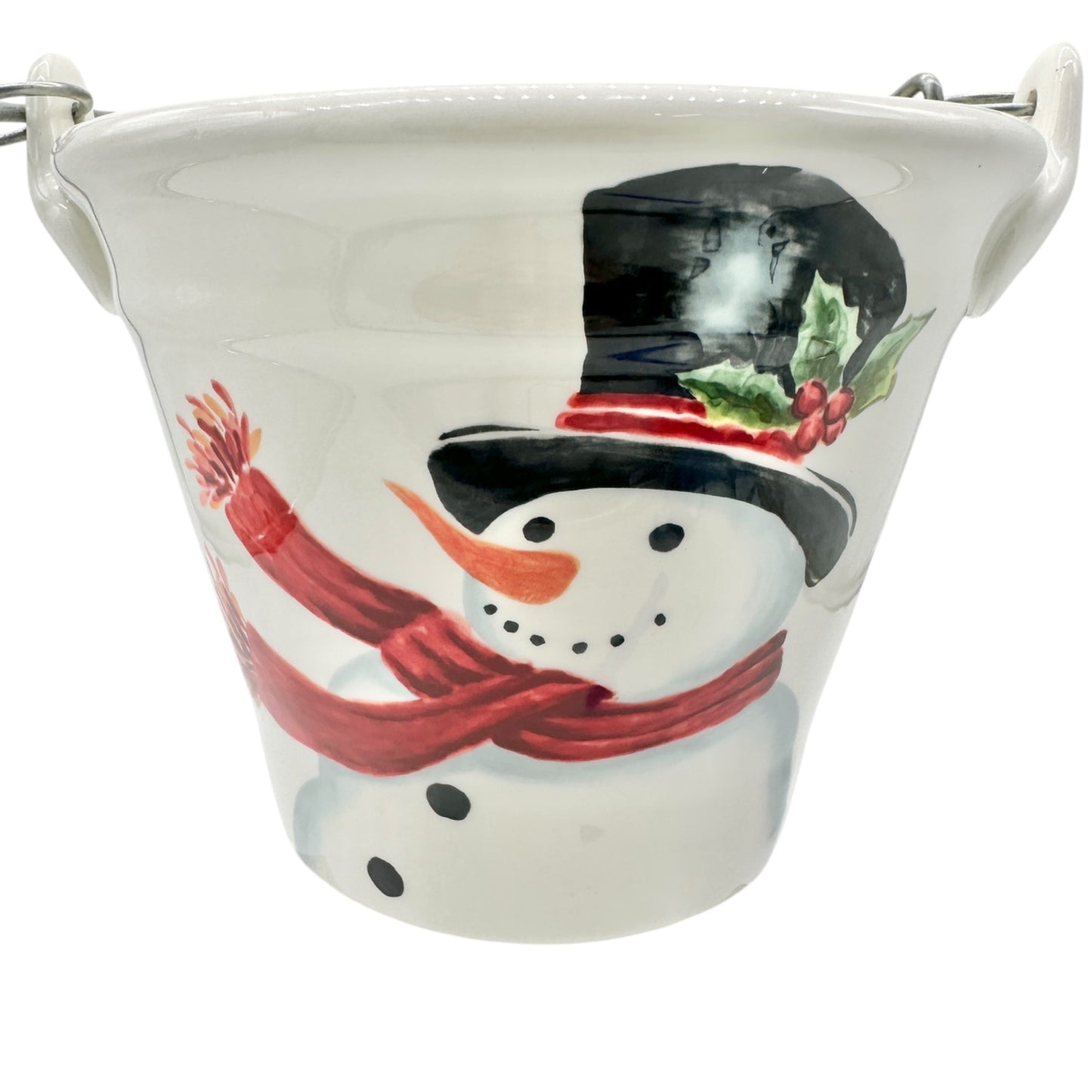 Maxcera Ceramic Snowman Bucket With Handle Holiday Decor 6 inch Tall