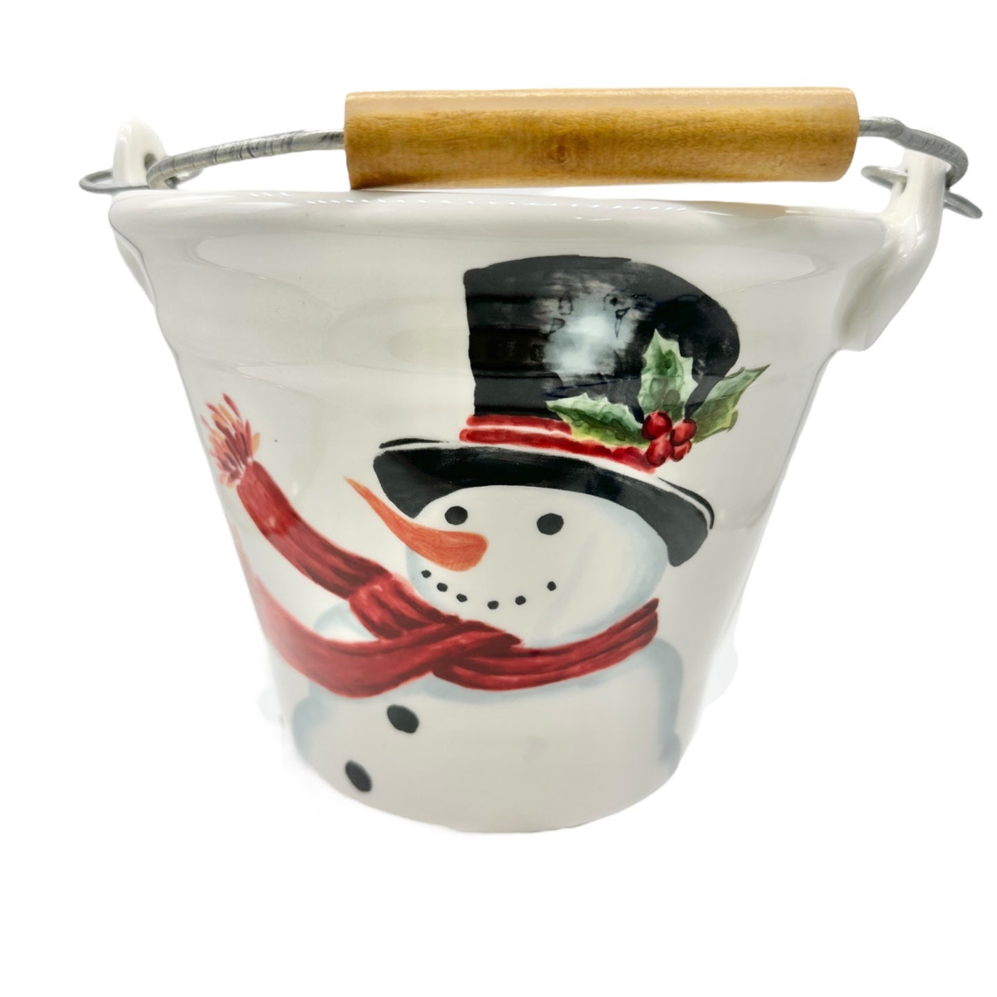 Maxcera Ceramic Snowman Bucket With Handle Holiday Decor 6 inch Tall