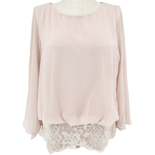 Collection By Dressbarn Blouse Women 2X Blush Pink Chiffon Lace Hem Split Sleeve