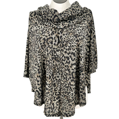 Leopard Print Cowl Neck Poncho Top With Button Details Size 2X By I.N. Studio