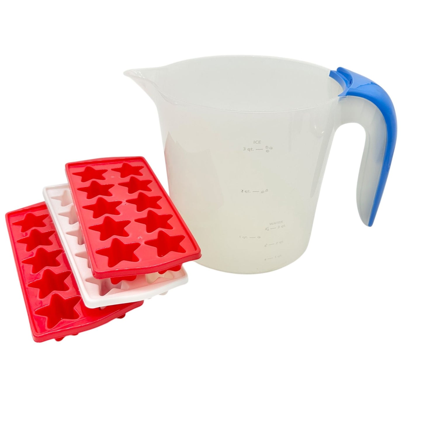 3 Qt Plastic Pitcher With Blue Handle and 3 Star-Shaped Ice Cube Trays Red White