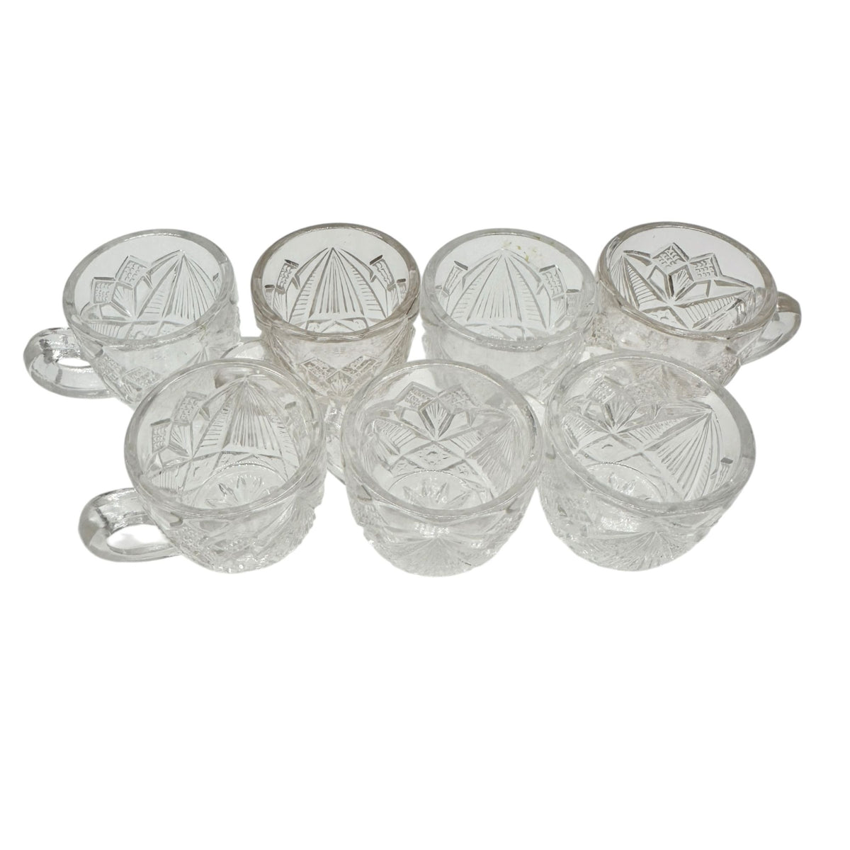 Rex Fancy Cut Punch Bowl With 7 Cups Childrens Tableware EAPG Clear Glass 4.5"H