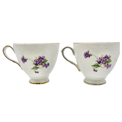 Vintage Queens Royal Bone China Tea Cups Pair Purple Floral Gold Trim England