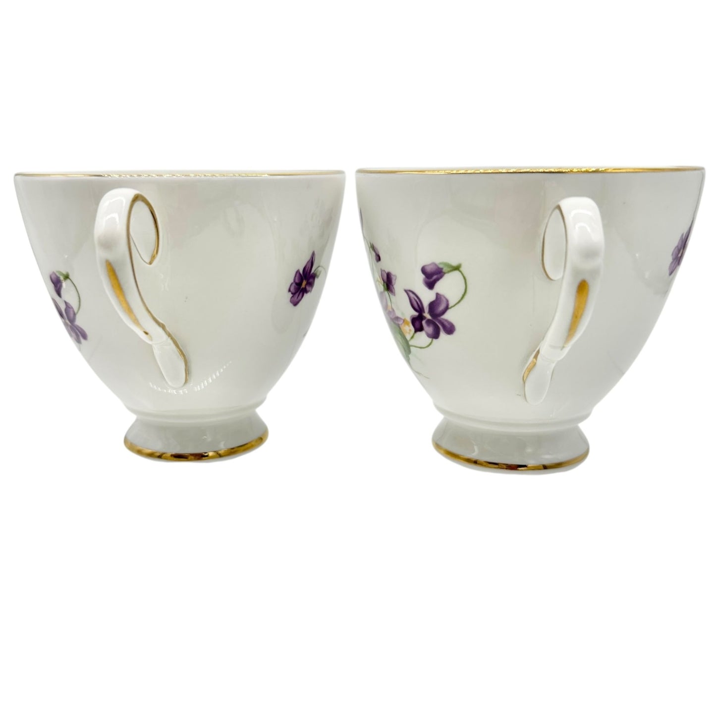 Vintage Queens Royal Bone China Tea Cups Pair Purple Floral Gold Trim England