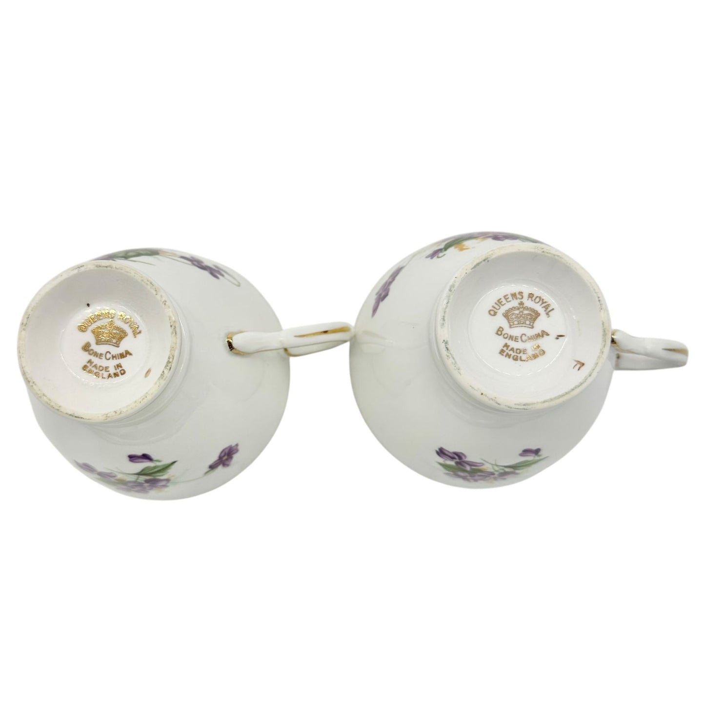 Vintage Queens Royal Bone China Tea Cups Pair Purple Floral Gold Trim England