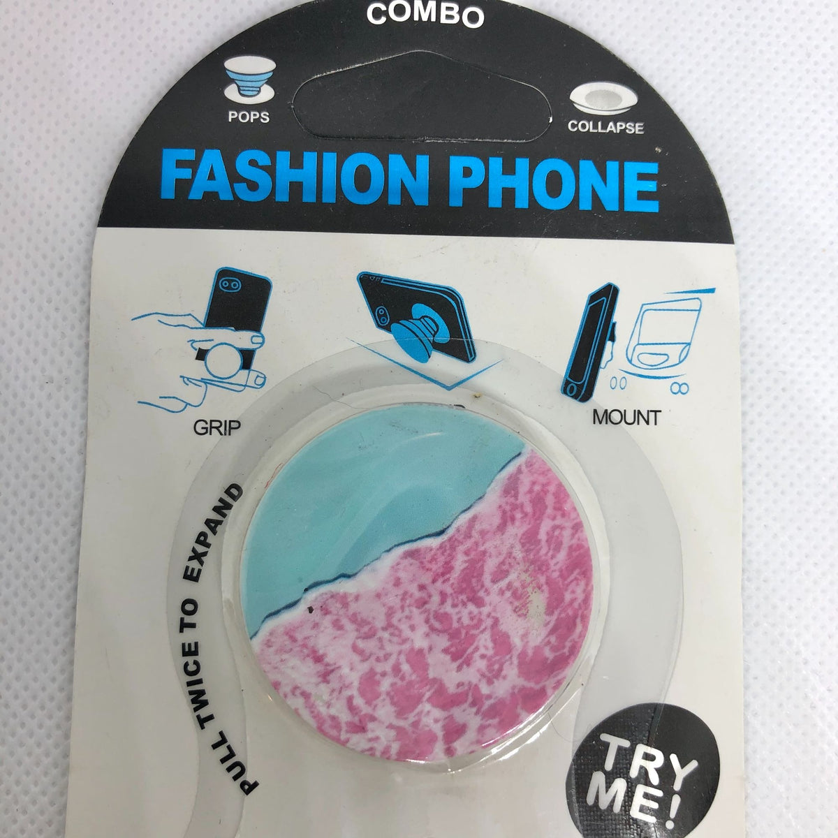 Fashion Phone Grip Stand and Car Mount Set Blue and Pink Beachy Look