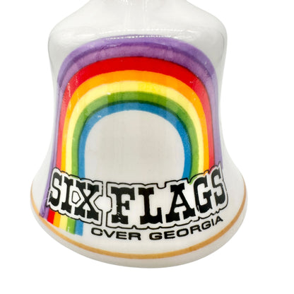 Six Flags Over Georgia Souvenir Bell White With Rainbow Design Ceramic 3.5"H
