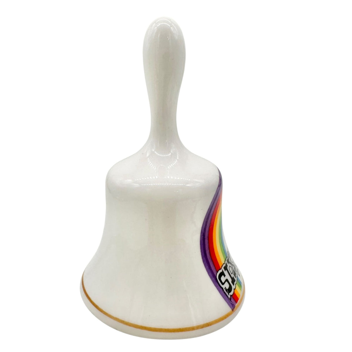 Six Flags Over Georgia Souvenir Bell White With Rainbow Design Ceramic 3.5"H