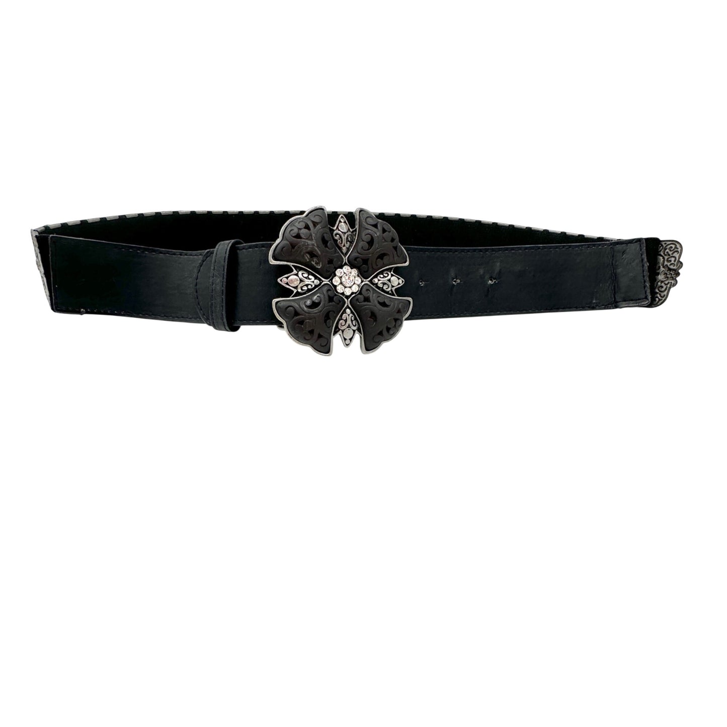 Womens Black Belt 39.5 inches Long Silver Buckle Elastic Back with Metal Plates