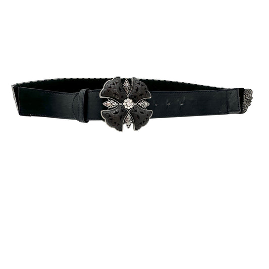 Womens Black Belt 39.5 inches Long Silver Buckle Elastic Back with Metal Plates