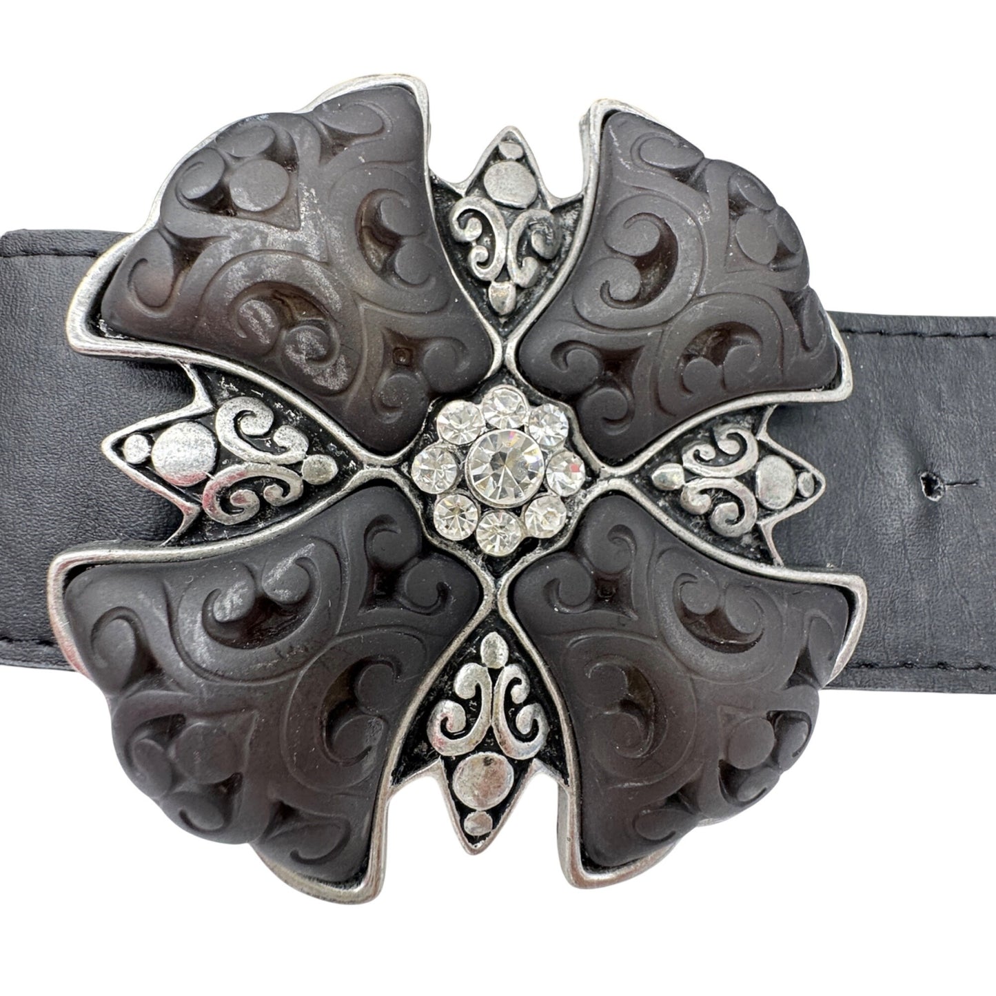 Womens Black Belt 39.5 inches Long Silver Buckle Elastic Back with Metal Plates