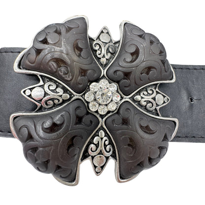 Womens Black Belt 39.5 inches Long Silver Buckle Elastic Back with Metal Plates