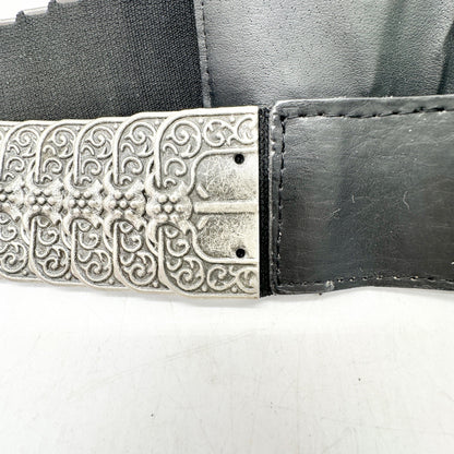 Womens Black Belt 39.5 inches Long Silver Buckle Elastic Back with Metal Plates