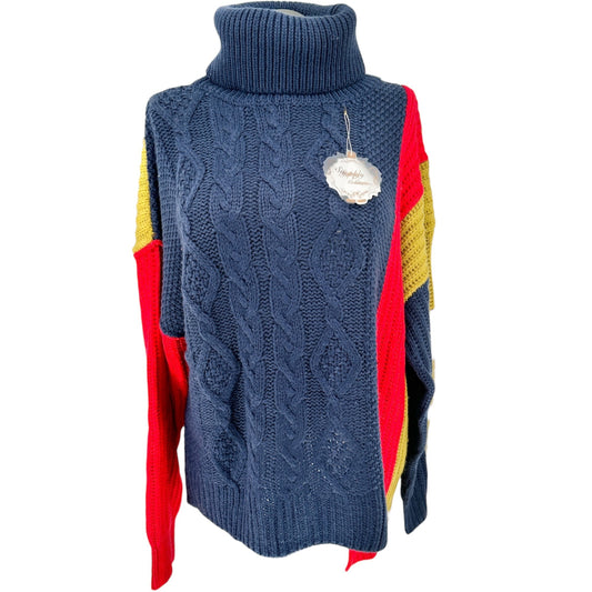 Simply Couture Colorblock Cable Knit Turtleneck Sweater XXXL Navy Red Yellow