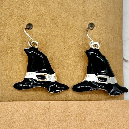 Halloween Dangle Earrings Witch Hat Metal Black White Silvertone