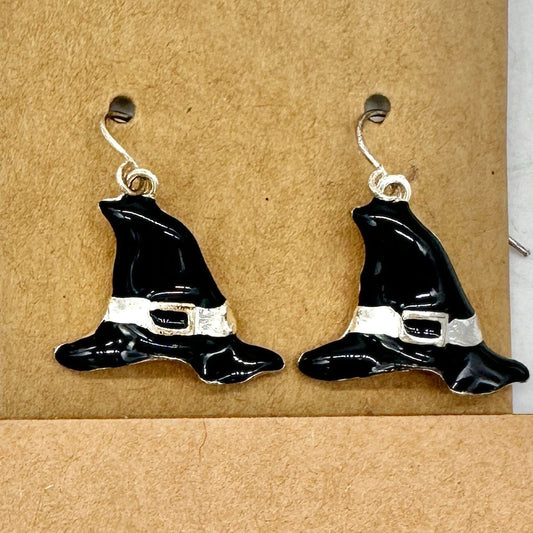 Halloween Dangle Earrings Witch Hat Metal Black White Silvertone