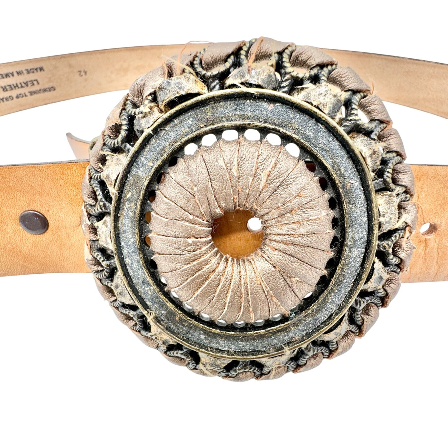 Genuine Top Grain Leather Belt Size 42 Ornate Metal Buckle Brown Silver USA Made