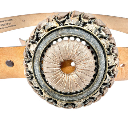 Genuine Top Grain Leather Belt Size 42 Ornate Metal Buckle Brown Silver USA Made