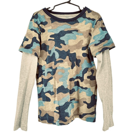 Lands End Layered Look T-Shirt Boys S 8 Camouflage Long-Sleeve Cotton Blue Beige
