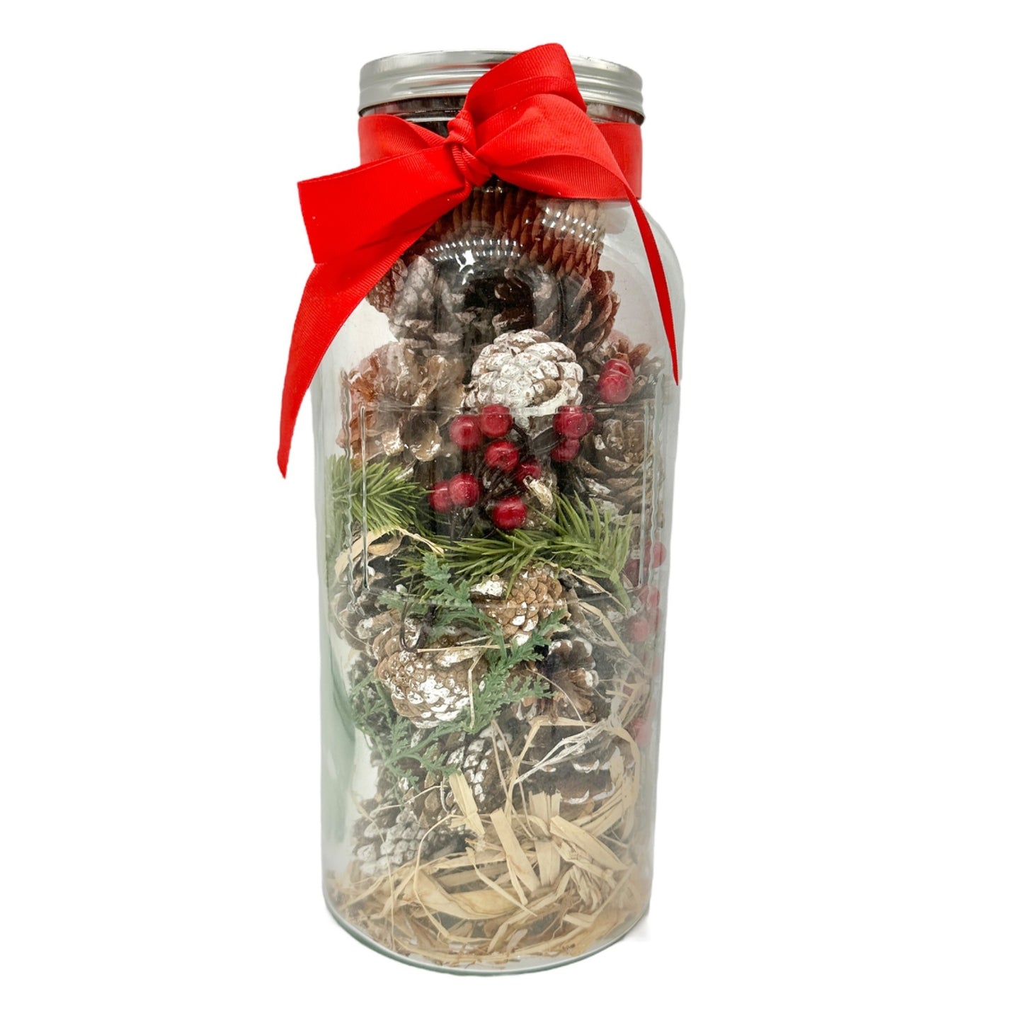 Botanicals 14 inch Tall Decorative Glass Jar With Festive Pinecones Red Berries