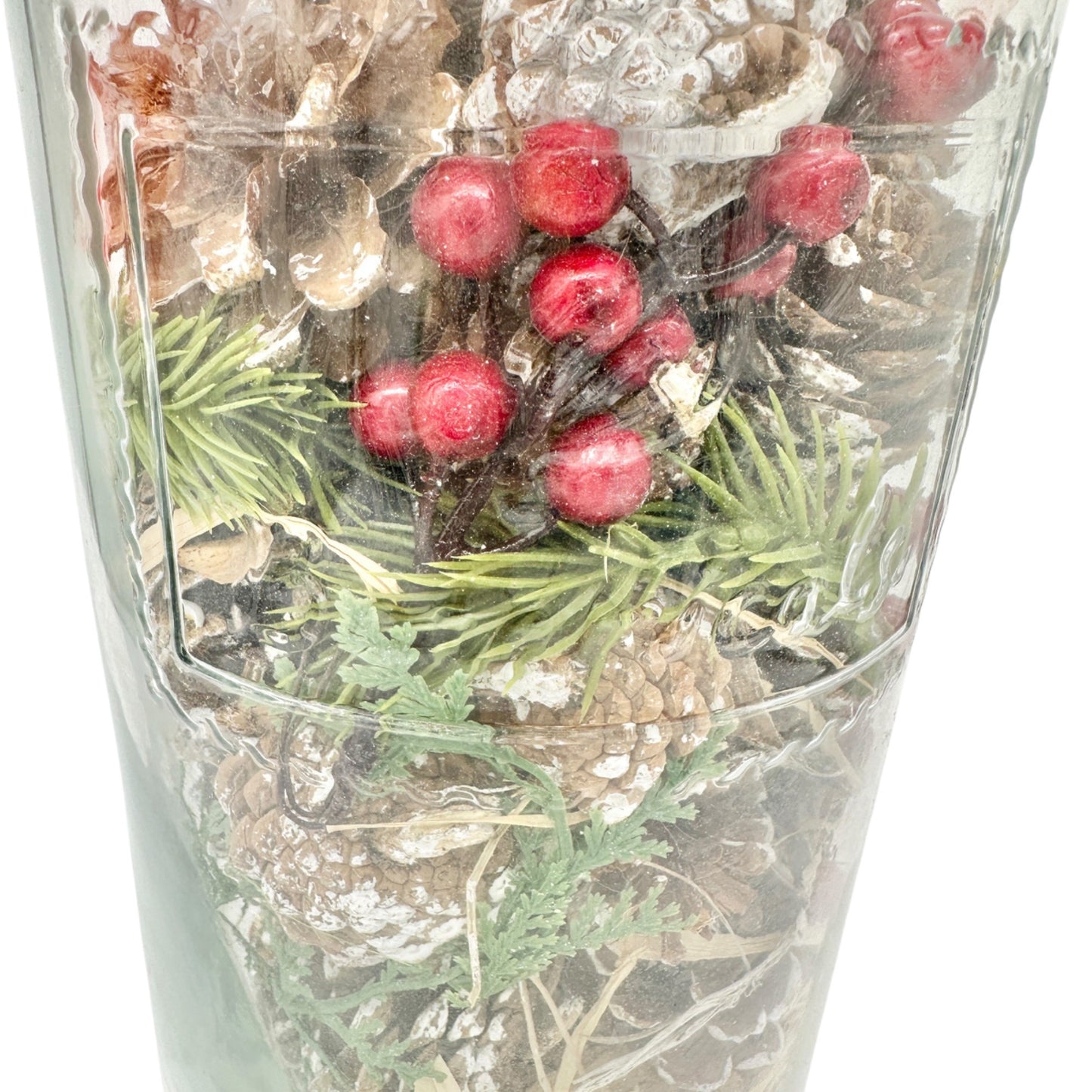 Botanicals 14 inch Tall Decorative Glass Jar With Festive Pinecones Red Berries