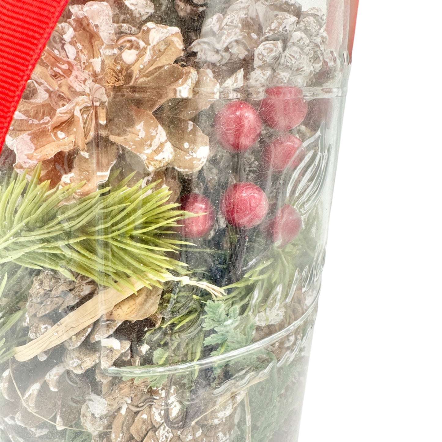 Botanicals 14 inch Tall Decorative Glass Jar With Festive Pinecones Red Berries