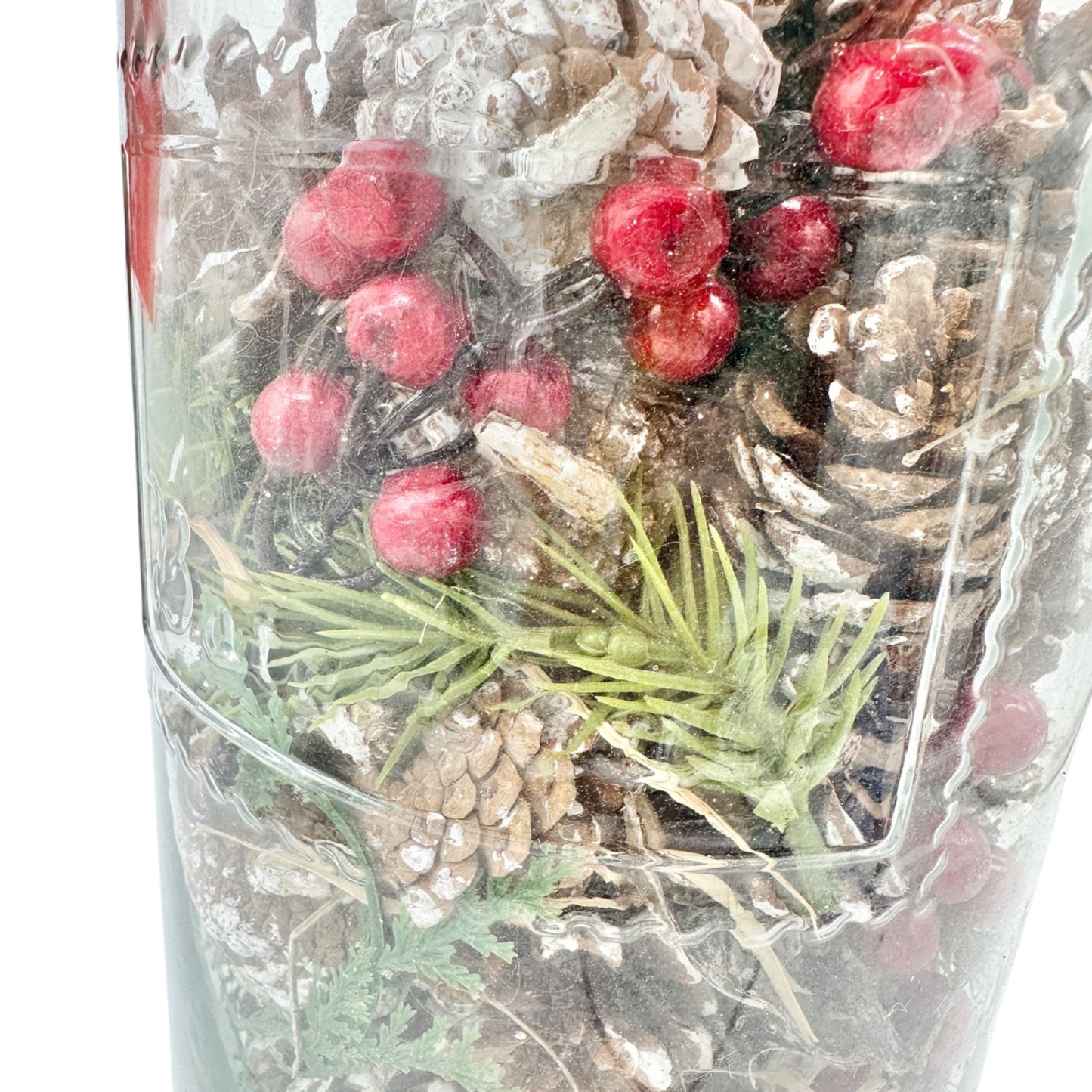 Botanicals 14 inch Tall Decorative Glass Jar With Festive Pinecones Red Berries