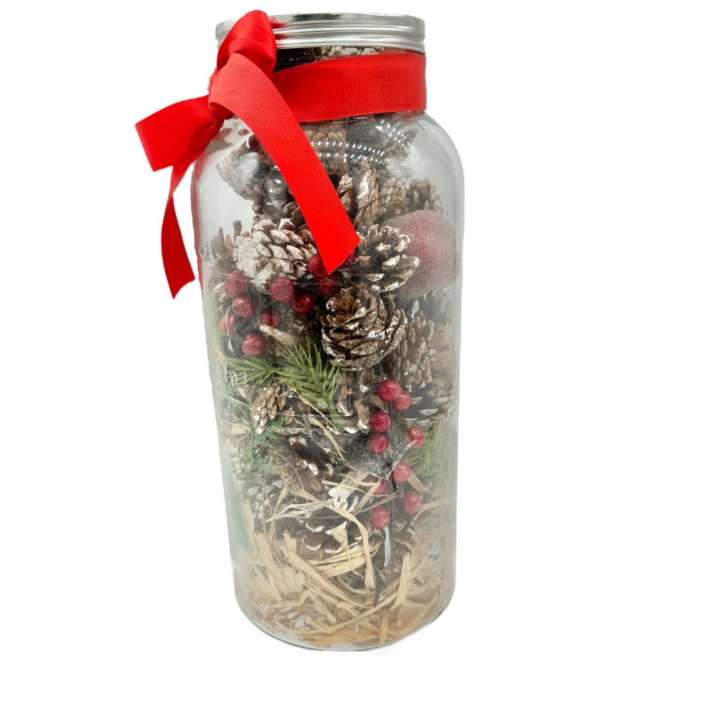 Botanicals 14 inch Tall Decorative Glass Jar With Festive Pinecones Red Berries