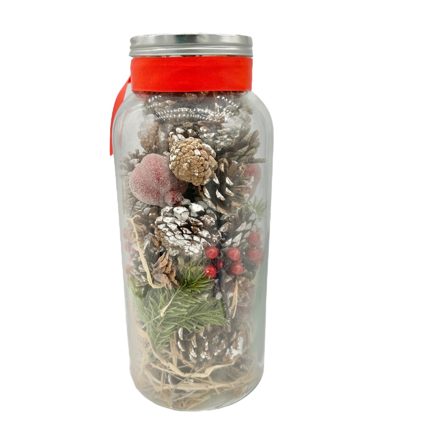 Botanicals 14 inch Tall Decorative Glass Jar With Festive Pinecones Red Berries