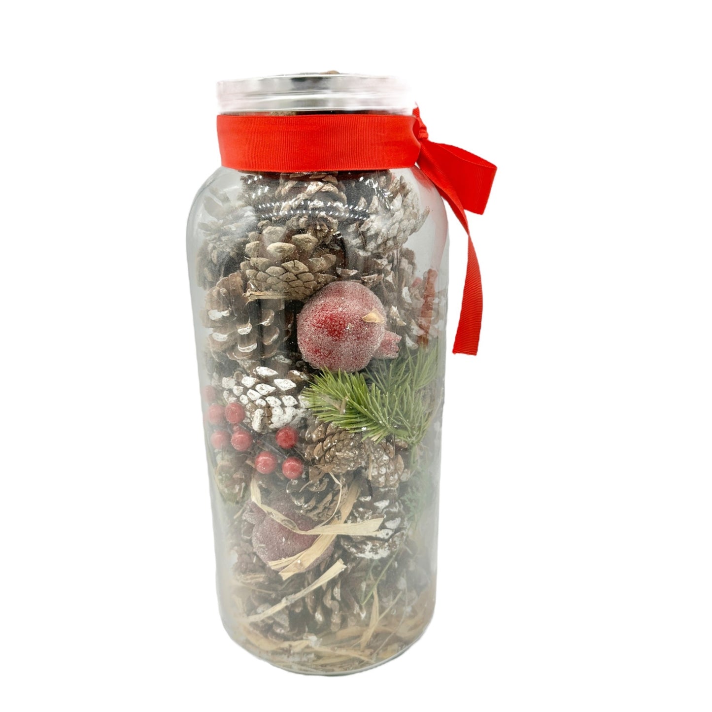 Botanicals 14 inch Tall Decorative Glass Jar With Festive Pinecones Red Berries