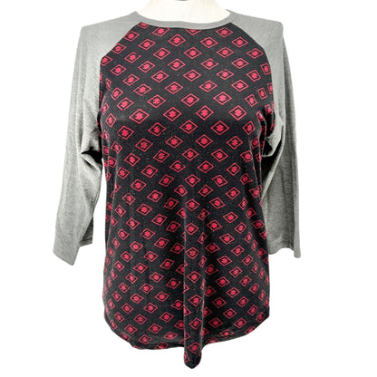 LuLaRoe Randy Top L Black Red Gray Geometric Print 3/4 Sleeve Raglan Stretchy