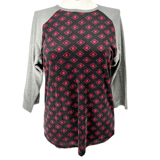 LuLaRoe Randy Top L Black Red Gray Geometric Print 3/4 Sleeve Raglan Stretchy