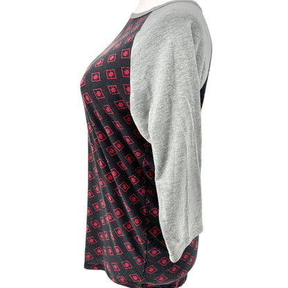 LuLaRoe Randy Top L Black Red Gray Geometric Print 3/4 Sleeve Raglan Stretchy