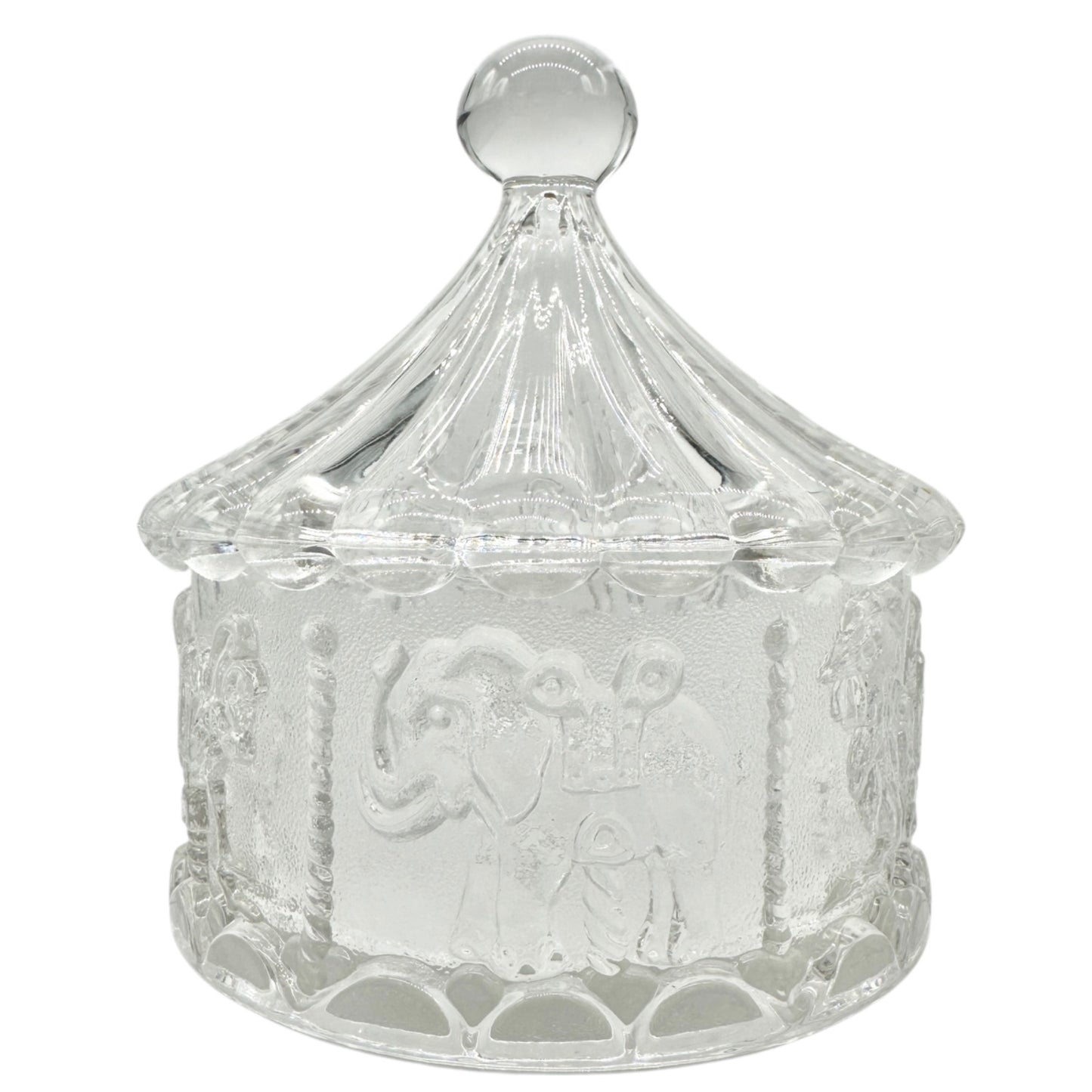 Carousel-Shaped Clear Glass Candy Dish With Lid Featuring Carousel Animals