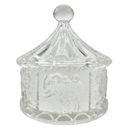 Carousel-Shaped Clear Glass Candy Dish With Lid Featuring Carousel Animals