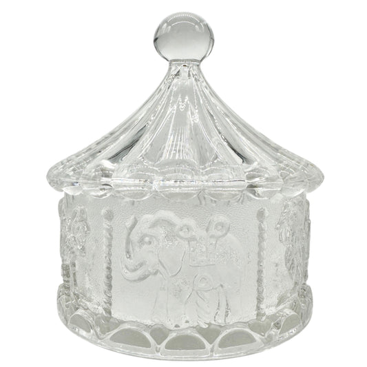 Carousel-Shaped Clear Glass Candy Dish With Lid Featuring Carousel Animals
