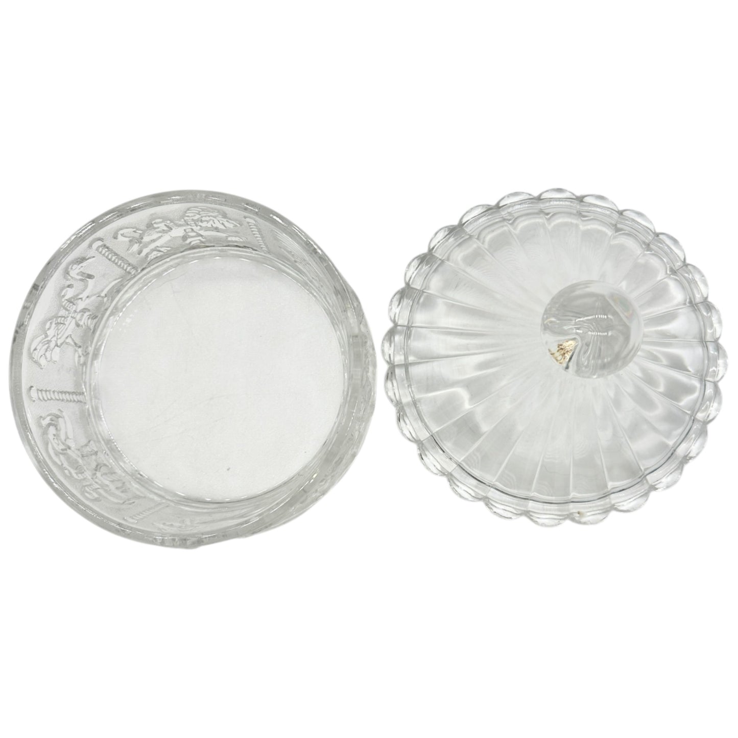 Carousel-Shaped Clear Glass Candy Dish With Lid Featuring Carousel Animals